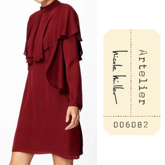 Nicole Miller Dresses & Skirts - Nicole Miller Artelier Shift Dress Mini Long Sleeve 100% Silk Wine Small New
